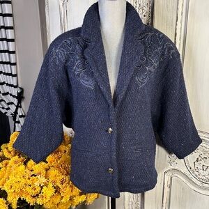 Vintage Cadet Blue Tweed Embroidered Bodice Blazer with Dolman Sleeves Frenchie
